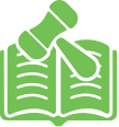 Book gavel icon - green illustration of open book with judge's gavel symbolizing law education, legal studies